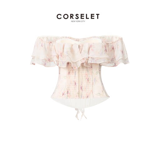 CORSELET月落繁花木耳边褶皱鱼骨胸衣春夏花卉一字肩收腰抹胸上衣 - 图0