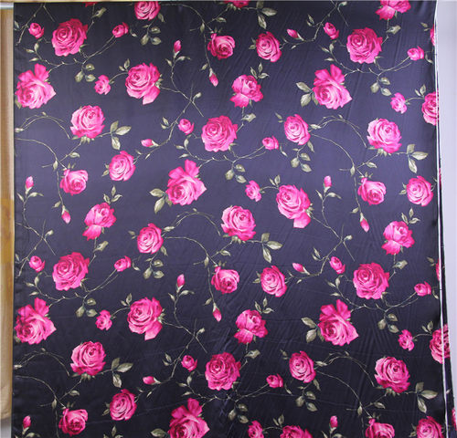 【君君SILK】真丝缎布料面料 印花桑蚕丝布料 16姆米黑色玫瑰 - 图0