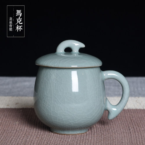 青瓷茶杯陶瓷办公室水杯冰裂个人泡茶杯带盖杯马克杯会议杯子 - 图0