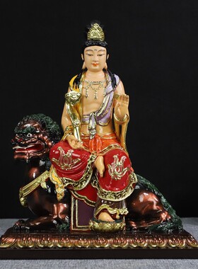 中式极彩带骑文殊普贤座骑文殊师利菩萨12/16寸树脂桌面佛像摆件