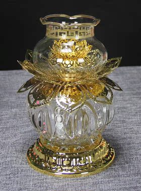 中式桌面佛堂玻璃透明长明灯佛前供灯琉璃灯金莲油灯供佛佛具摆件