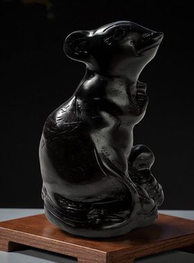 天然黑色金钱鼠石雕摆件中式礼品