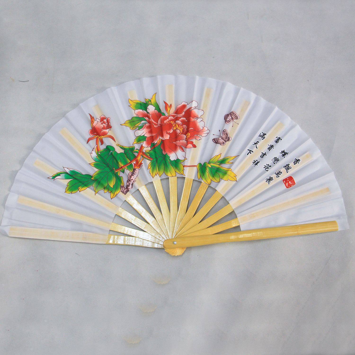 太极扇武术扇练功扇功夫扇牡丹图案竹骨一尺送扇袋舞蹈扇金红黑等_虎窝淘