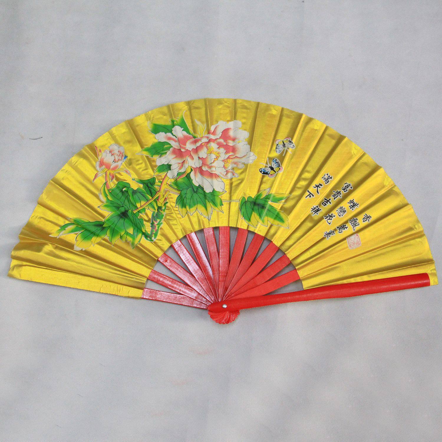 太极扇武术扇练功扇功夫扇牡丹图案竹骨一尺送扇袋舞蹈扇金红黑等_虎窝淘