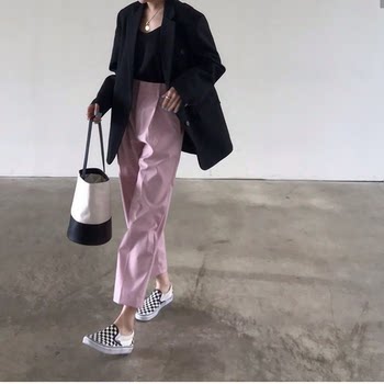 2024 Spring and Autumn New Pink Suit Pants Women's Straight Leg Loose Korean Style Casual Carrot Small Feet High Waist Nine-Point Pants Women