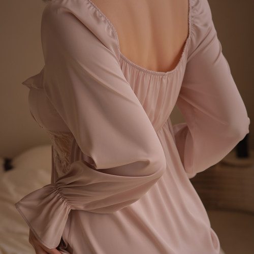 仙女丝绸睡裙女春夏款冰丝长裙带F010性感长袖睡衣过膝长款家居服 - 图3