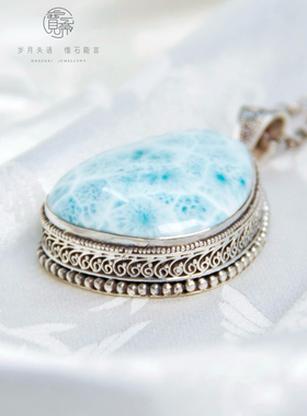 海纹石大吊坠毛衣坠女尼泊尔925纯银镶嵌复古宫廷风小众宝石个性