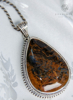 尼泊尔925纯银手工银首饰品天然彼得石吊坠项链女水滴蛋面款