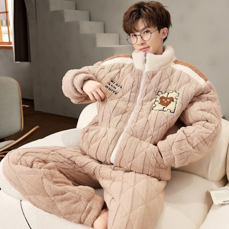 日系珊瑚绒睡衣男冬季卡通老鼠三层夹棉立领加厚保暖家居服套装