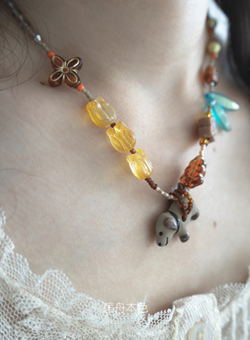 匡舟本色 韩国ins小众设计 趣味陶瓷小狗手作款 花朵拼接串珠项链