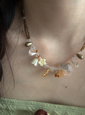 匡舟本色 清新夏日海岛少女 波西米亚民族风花朵金属串珠双层项链