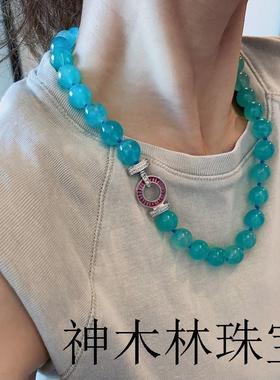 精选莫桑比克冰种天河石大颗粒原创项链蓝色转运水晶锁骨链毛衣链