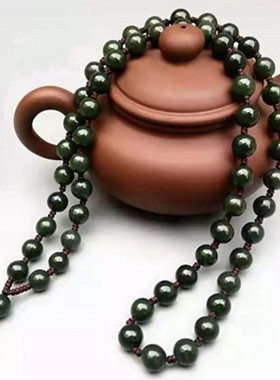 新疆和田玉青玉圆珠项链高端玉石珠宝情侣吊坠挂绳玉绳民族风送礼