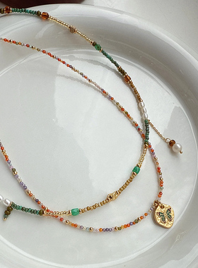 新款叠戴彩色串珠淡水珍珠项链