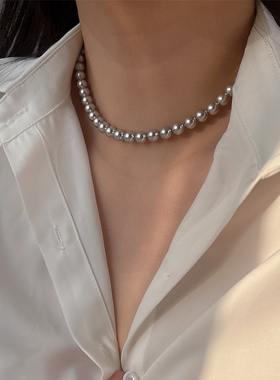 银灰色施家正圆强光珍珠项链百搭
