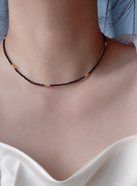 周雨彤同款天然黑尖晶金珠项链银