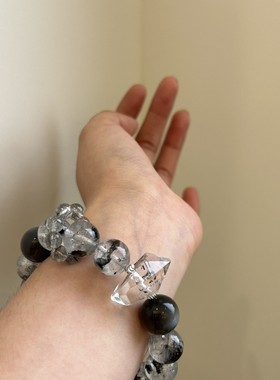 天然黑月光闪灵钻黑发晶手链女生大颗粒个性小众补水水晶手工串珠