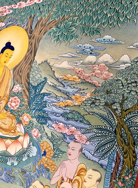 热贡己西尖措纯手绘矿物颜料唐卡装饰画释迦摩尼佛菩提树下70×52