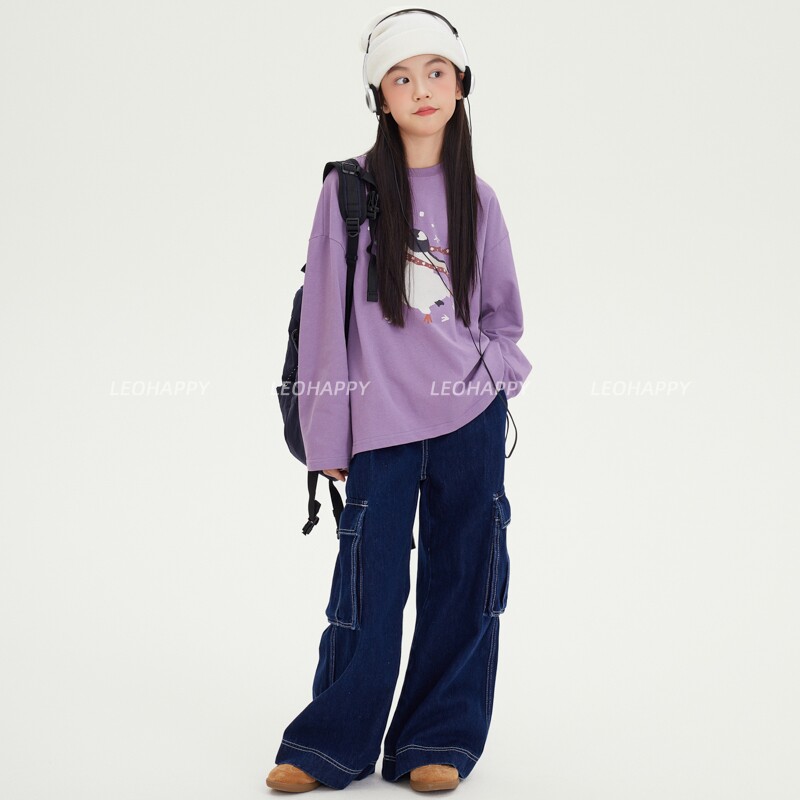 leobaby女童牛仔裤春秋款儿童裤子工装裤复古休闲裤中大童直筒裤