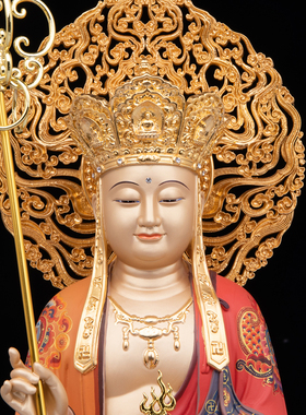 站地藏王菩萨佛像铜彩绘站立地藏家用寺庙佛堂佛像摆件光头带帽