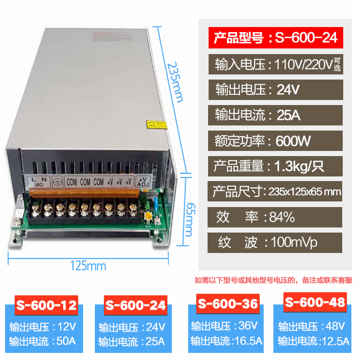 明纬开关电源 S/SE-600W-24V25A 12V50A/500W36V48V变压器LED电源 - 图0