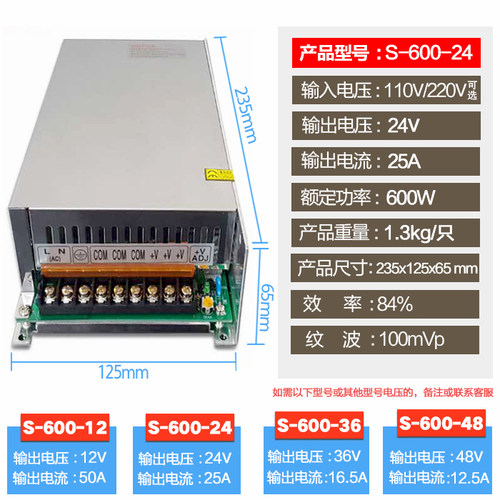 开关电源 S/SE-600W-24V25A 12V50A/500W36V48V变压器LED电源 - 图0