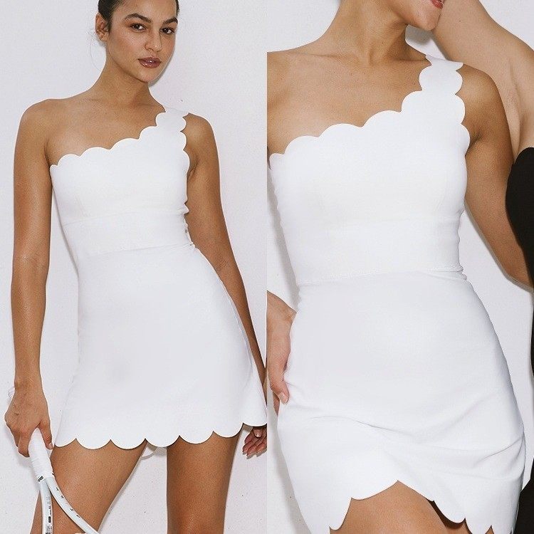 花边斜肩运动服女紧身瑜伽连体服带胸垫收腹健身高尔夫棒球网球裙,淘宝优惠券,粉丝福利购,淘宝优惠卷