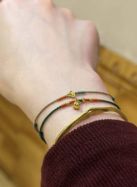 新年柿柿如意可调节手绳手工精工编织极细绿色手链脚链送女友手饰