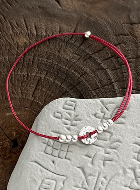 925纯银碎碎冰钱币手绳手链女新中式手工编织本命年红绳手饰B6888