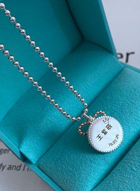 纯银韩版儿童蝴蝶结银珠项链刻字刻图毛衣链女款宝宝六一礼物