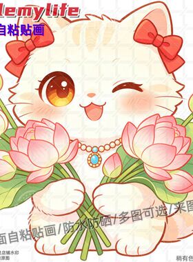爆款卡通萌趣猫咪抱荷花装饰贴纸
