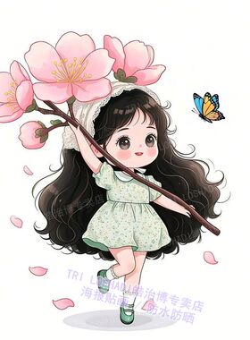 清新可爱治愈樱花少女创意贴画出
