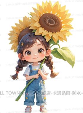 新款卡通举着向日葵的小女孩贴画