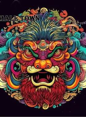 国潮醒狮圆形图案头像贴纸传统艺术瑞兽狮头车贴墙贴门贴自粘防水