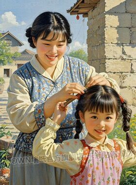 80年代怀旧乡村风情妈妈梳头复古装饰画墙贴门贴家用出租屋贴画