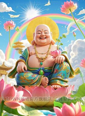 精致佛像图案笑罗汉海报墙贴自粘爆款家用墙上装饰防水贴画送长辈