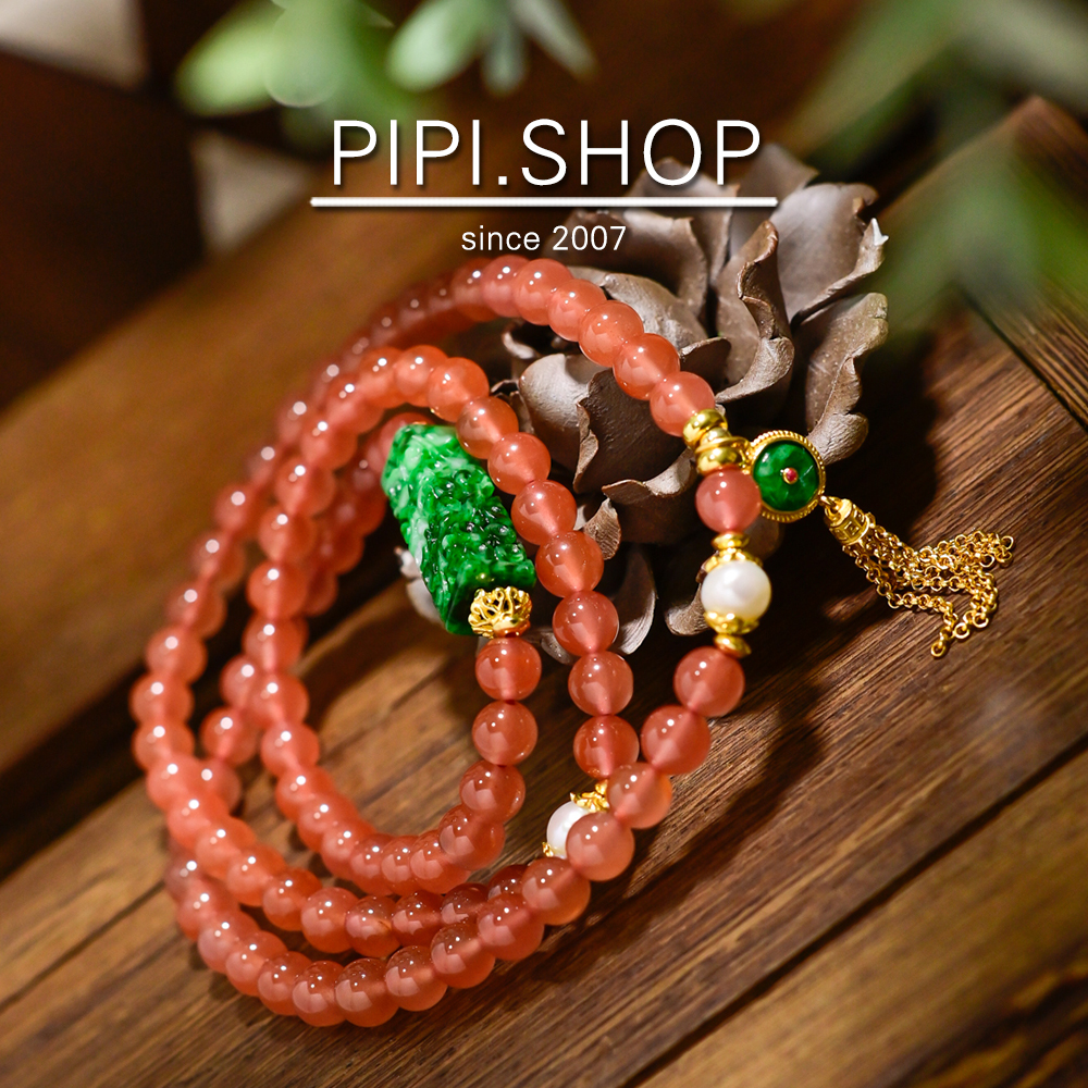 PIPISHOP 银镀金天然A货干青翡翠雕刻方柱路路通水红南红玛瑙手串 - 图1