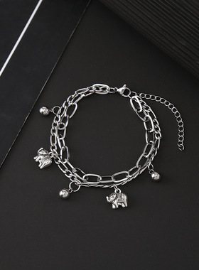 ins风甜酷五角星小花钛钢手链双层叠戴挂坠手饰小众情侣手链批发