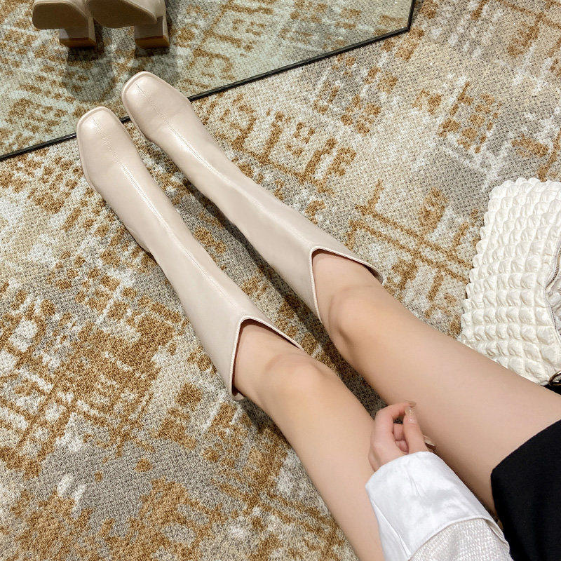 [明星同款]真皮白色高跟长靴女V口骑士靴小个子不过膝粗跟长筒靴,淘宝优惠券,粉丝福利购,淘宝优惠卷