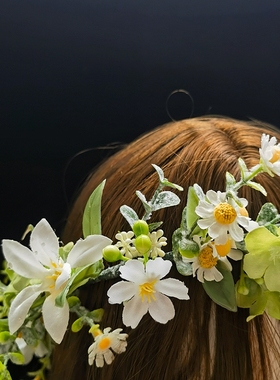 白绿色 露水百合仿真雏菊花环头饰发饰 派对海边写真景拍舞蹈活动