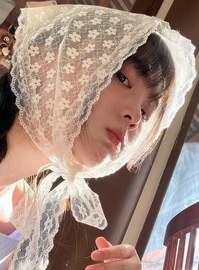 甜美小清新三角巾女2026年夏季氛围感装饰领巾白色蕾丝包头巾发带