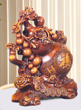 《多福多财葫芦》檀木纹桌面摆件老板桌玄关客厅（长16高18cm）YW