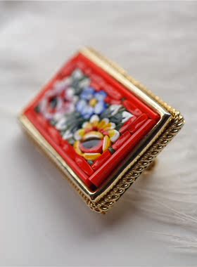 日本回流 意大利 马赛克琉璃拼花花卉 长方形胸针 红色 1940年代