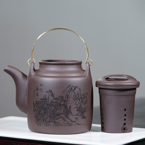 大茶壶内胆过滤茶壶大容量大号紫砂壶铜提梁洋桶壶半手工大紫砂壶 - 图1