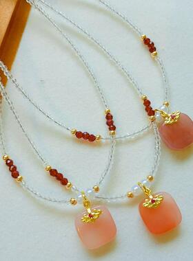 时尚少女心淡水珍珠锆石方糖项链甜美粉色水晶串珠锁骨链小众百搭