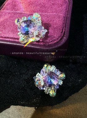 手工紫水晶闪钻花朵S925银针耳钉