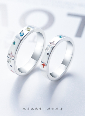 原创999足银彩钻情侣对戒戒指