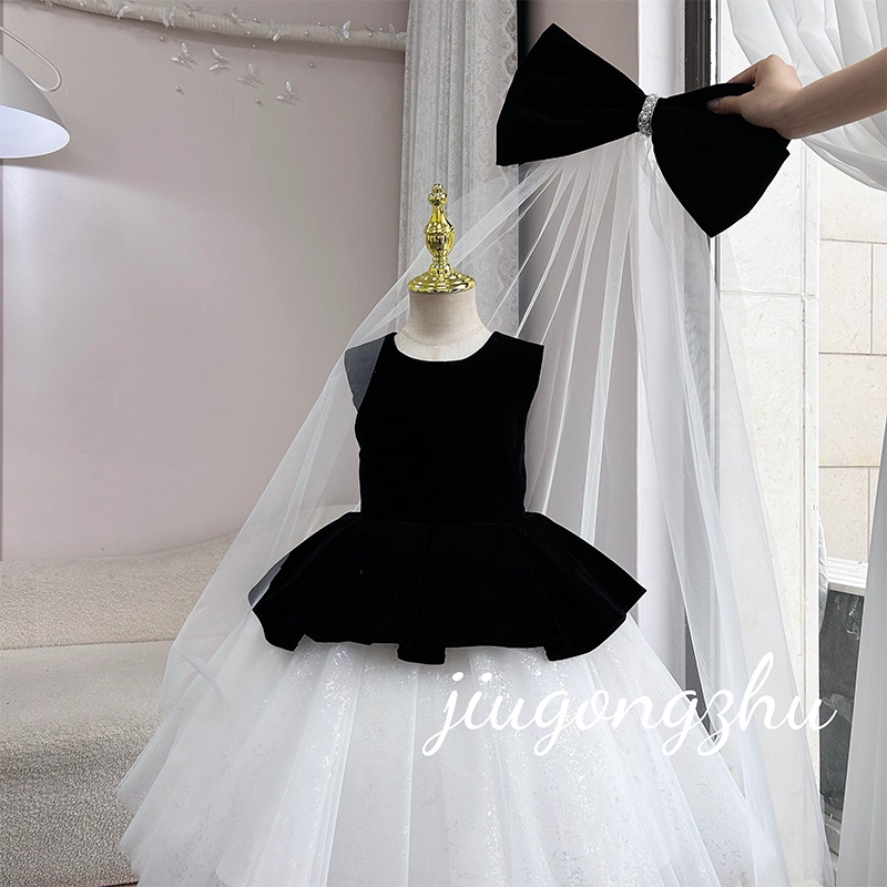PGBKJA公主裙时尚高级感黑色丝绒拼接网纱长袖礼服儿童小礼服演出,淘宝优惠券,粉丝福利购,淘宝优惠卷