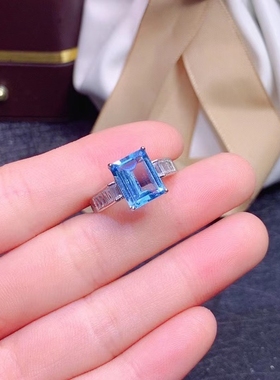 天然瑞士蓝托帕石女款戒指纯银镀白金彩宝宝石指环扣原石礼物证书