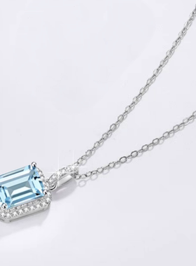 正品海蓝宝吊坠项链女款轻奢设计感蓝宝石方糖挂件网红礼物送女友